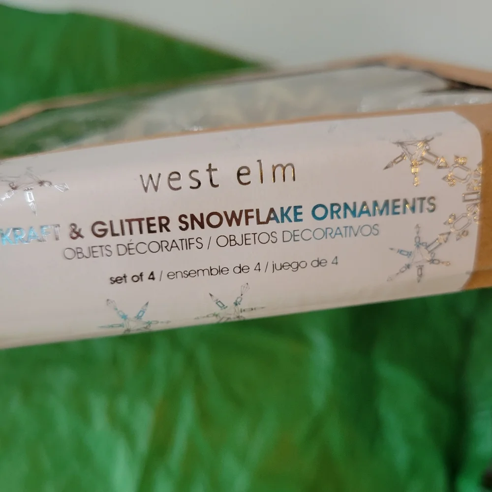 West Elm Kraft & Glitter Snowflake Ornaments (4) in Nested Box ~ VGUC